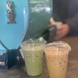 Watermelon matcha and caramel latte