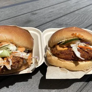 Charred Lemon Pepper Chicken Sandwich (L) Citric Hot Chicken Sandwich (R)