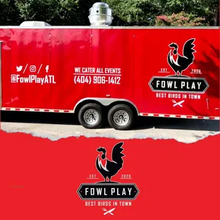 a red trailer with the fowl play logo on it