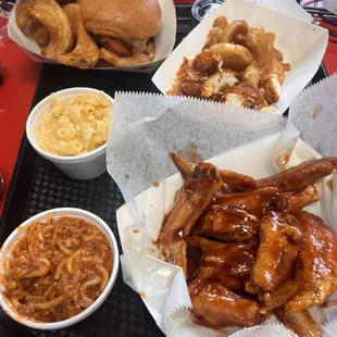 10 Piece Kentucky Bourbon Wings Cheesy Mac &amp; Cheese Spaghetti Hot Chicken Deluxe Sandwich and Fry