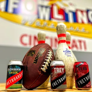 a football, a beer, and a football