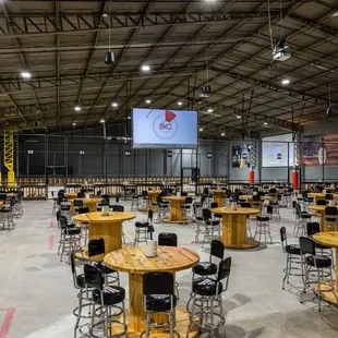 tables and chairs in a warehouse