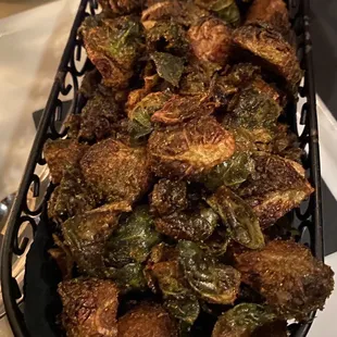 a tray of fried brussels sprouts
