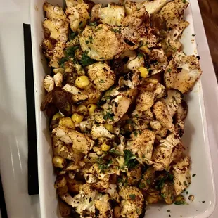 Grilled Cauliflower and Corn- $11 Spiced with Paprika &amp; Tossed with Toasted Pistachios &amp; Shiitake Mushrooms