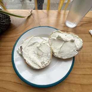 Plain bagel with cream cheese. Yummy!