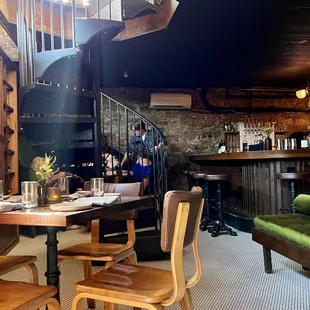 The funky/cool basement dining area and downstairs bar.