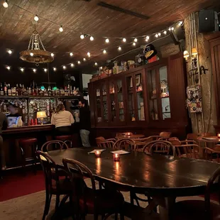 tables and chairs in a dimly lit bar