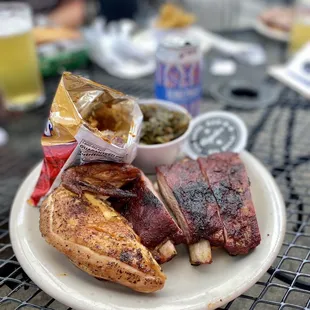 $19 TWO MEAT COMBO: Smoked Chicken &amp; Ribs - love their spicy BBQ! Chicken was dry, but I got white meat. Ribs are AMAZING!