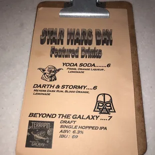 Star Wars drink menu