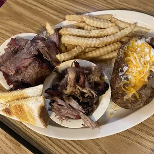 Brisket pulled pork double tater combo