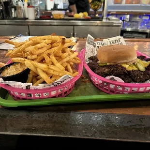 Burger and basket of fries