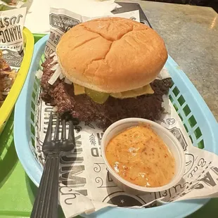 Bang! Burger with sauce on the side.