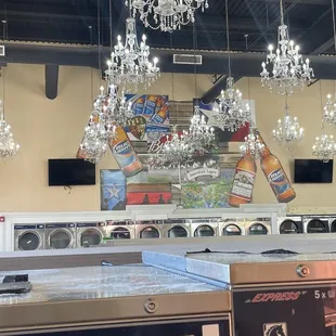 a chandelier in the background