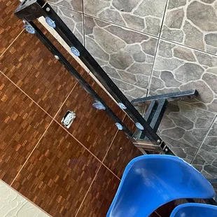 blue chairs in a restaurant