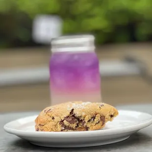 a chocolate chip cookie and a jar of jelly