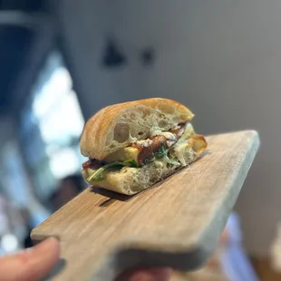a hand holding a sandwich