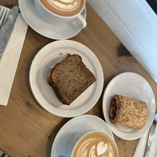 Hot Chocolate, Banana Bread, Ham and Cheese Sandwich, Latte