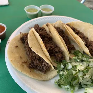 Barbacoa Tacos, Red and Green Salsa