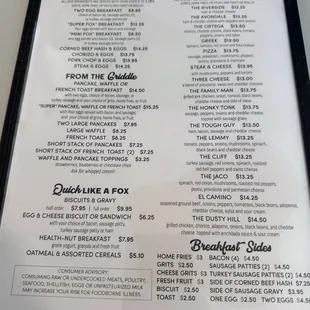 The breakfast portion of the menu