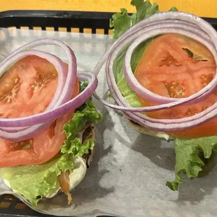 Lox bagels, capers and jalapeño cream cheese.