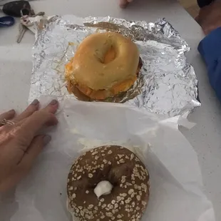 Number 7 and honey oat bagel with cream cheese
