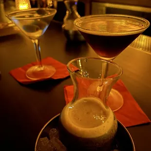 Dirty martini and espresso martini (both with sidecars on ice)