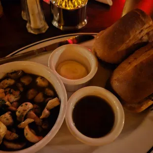 prime rib sandwich with side of mushrooms