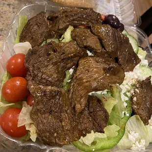 Greek salad with steak tips. Outstanding!