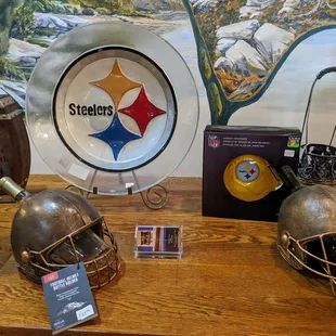 a collection of football memorabilia