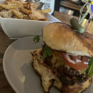 Burger and half order truffle fries