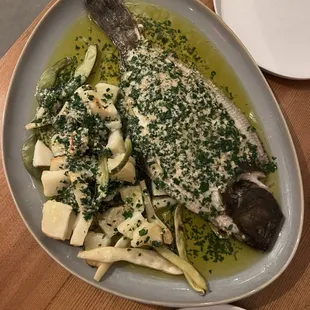 Local fluke with Romano beans and potatoes