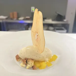 Chai and buttermilk icecream with homemade pistachio cookie bits and dehydrated pear