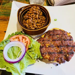 Elk chorizo burger with beans