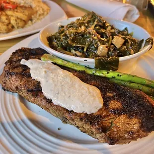 NY strip special w. horseradish sauce; swapped collards for mashed potatoes