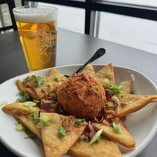 Deep fried smoked cheese ball with deep fried pita triangles