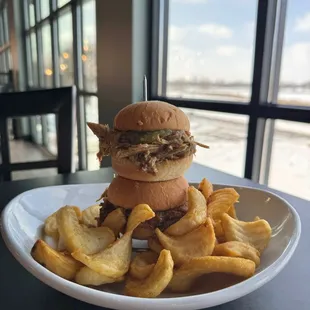 In house smoked pulled pork sliders with verde