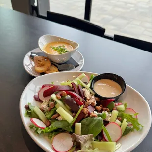 Roasted Beet Salad (top with steak, chicken or salmon for protein). Ginger Butternut squash soup - soup of the day