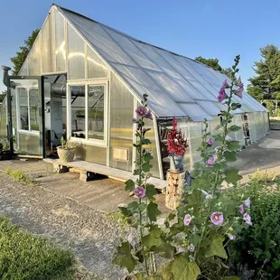 a greenhouse with flowers in the foreground