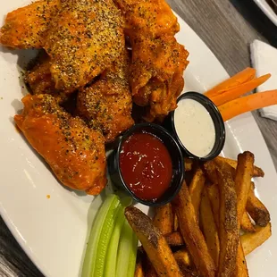 chicken wings and fries