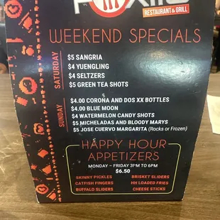 Weekend specials and happy hour apps