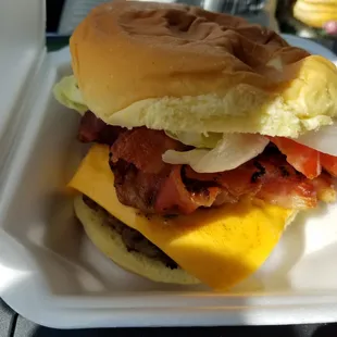 Bacon cheese burger. (I squished the bun not them)