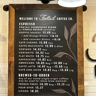 Coffee menu
