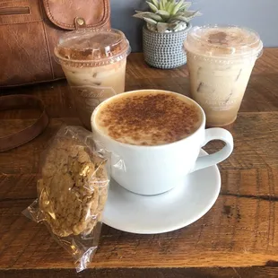Oatmeal cream pie, hot pumpkin latte, cold chai with oatmeal/almond milk