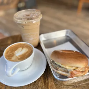 a burger and a cup of coffee