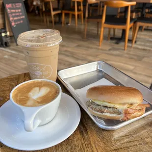 a sandwich and a cup of coffee