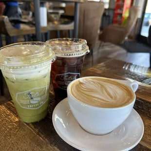 Pistachio latte, dirty matcha with vanilla cold foam&amp; cold brew
