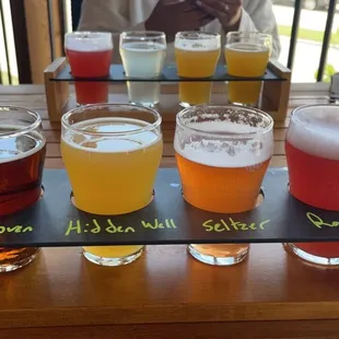 Brick oven amber ale, hidden well IPA, strawberry-pineapple seltzer, raspberry wheat ale