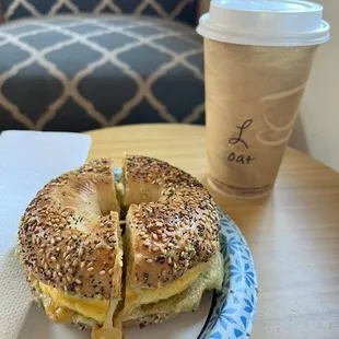 Good morning bagel with oatmilk latte