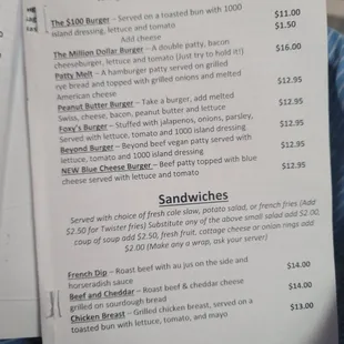 Photo of the updated menu and prices as of May 2021