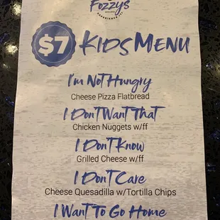 Kids menu